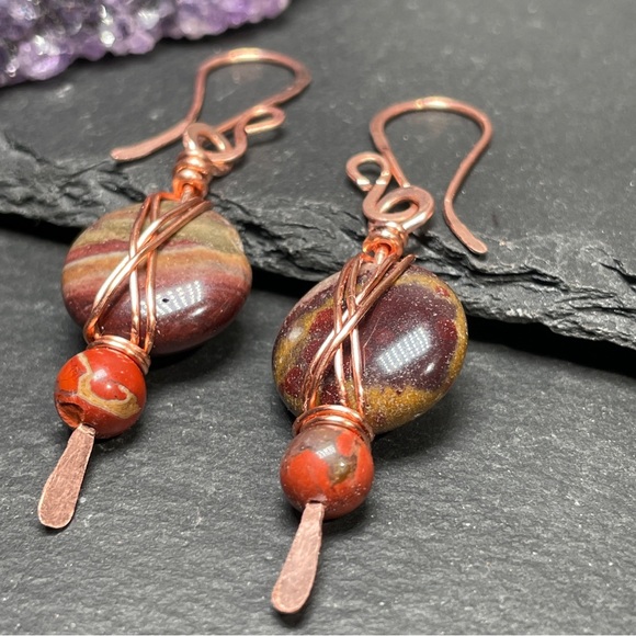 Artisan Copper and Earthy Agate and Jasper Stone Earrings - Picture 11 of 14